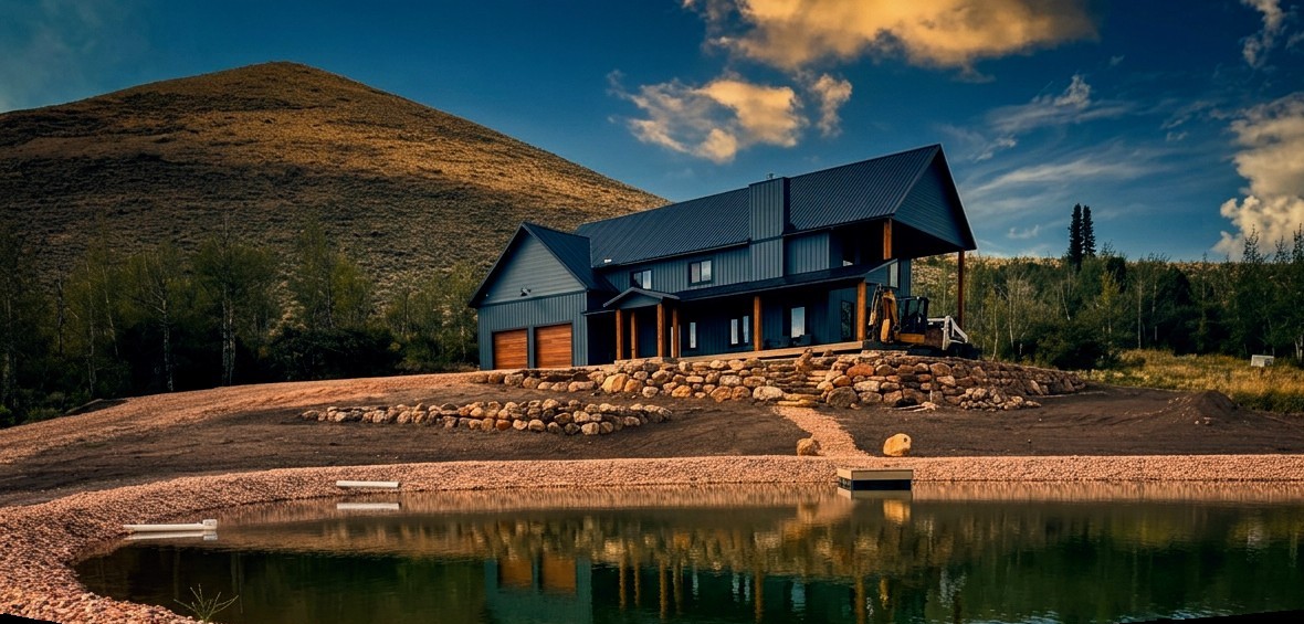 Custom Bear Lake home with metal roof above a stone-lined pond at the base of a mountain